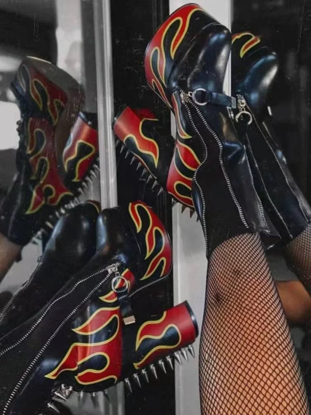 Faux Leather High Heels Rivets Ankle Boots Flames Totem Metal Zipper Thick